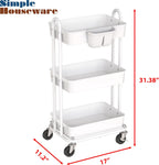 Simple Houseware 3-Tier Multifunctional Rolling Utility Cart with Hanging Bucket, White
