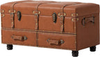 Vintage Treasure Chest Bench with Latch Closure and Buckle Trunk , Farmhouse Faux Leather Storage Ottoman Bench for Living Room, Entryway, Bedroom, Sponge Padded Orange