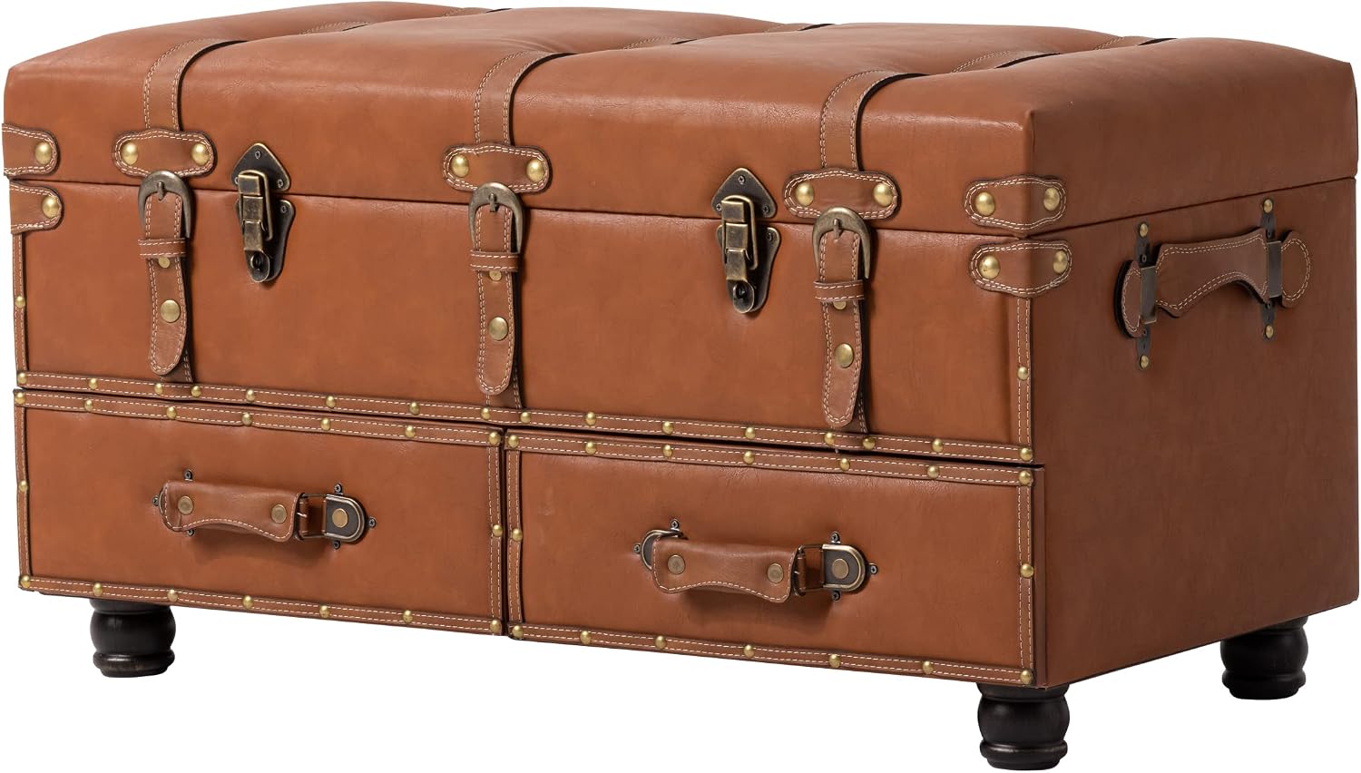 Vintage Treasure Chest Bench with Latch Closure and Buckle Trunk , Farmhouse Faux Leather Storage Ottoman Bench for Living Room, Entryway, Bedroom, Sponge Padded Orange