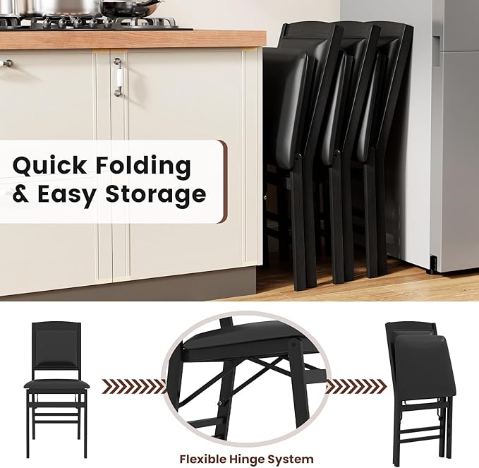 Giantex Folding Dining Chairs Set of 4, Black Wood Kitchen Chair w/Padded Seat, Solid Wood Frame, Max Load 400 Lbs, No Assembly, Easy to Store Foldable Wooden Dining Chairs for Apartment, Small Space