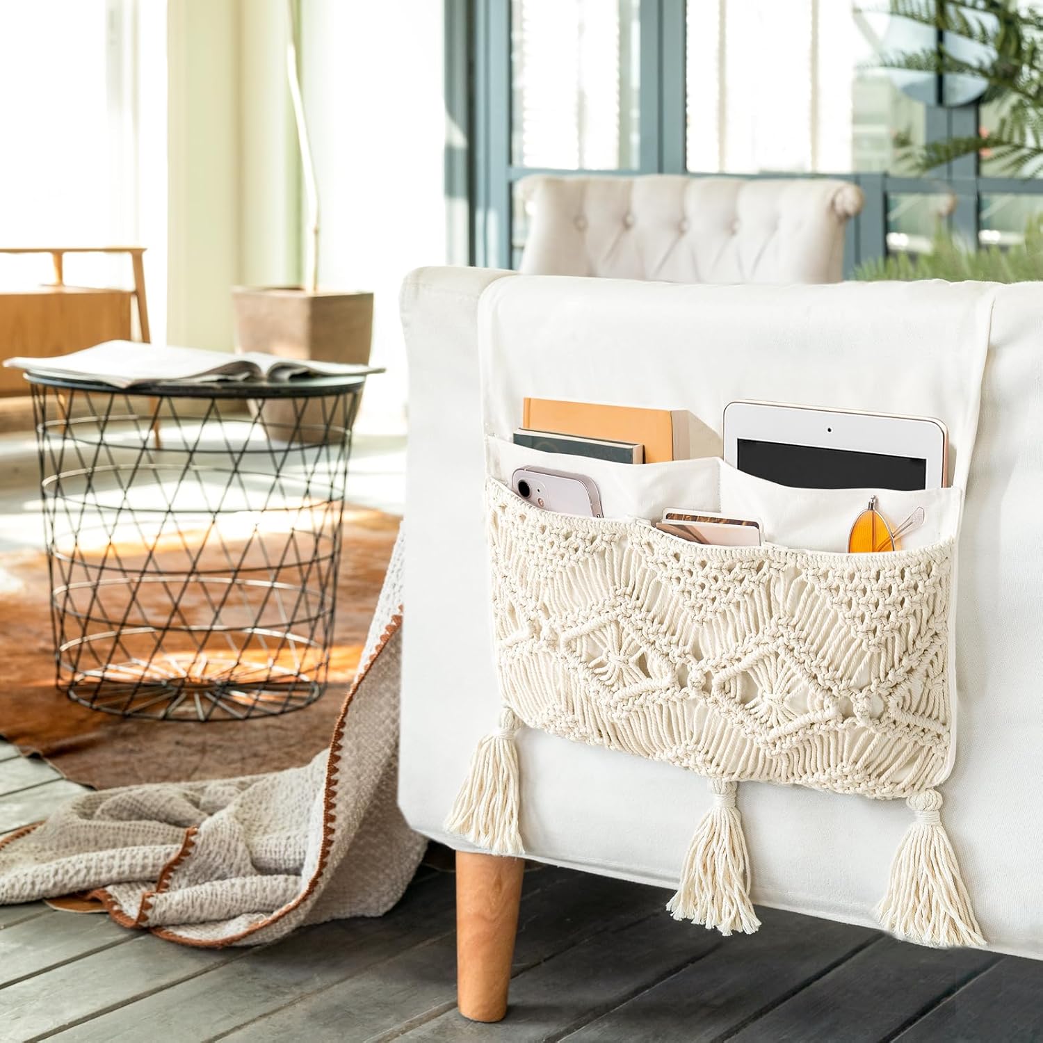 Mkono Macrame Couch Organizer Remote Control Caddy Sofa Armrest Armchair Bedside Storage Holder Bag for TV Remote, Magazine, Books, Cell Phone, iPad, Boho Living Room Home Dorm Decor, Beige, Large
