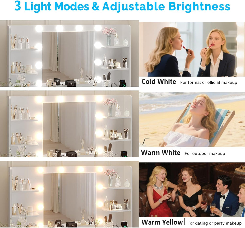 Karl home Fluted Vanity Desk with Mirror and Lights in 3 Modes and Charging S...