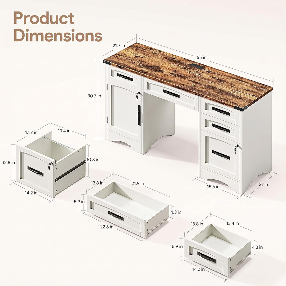 Decofy Farmhouse Executive Desk with Drawers, 55" Home Office Desks with...