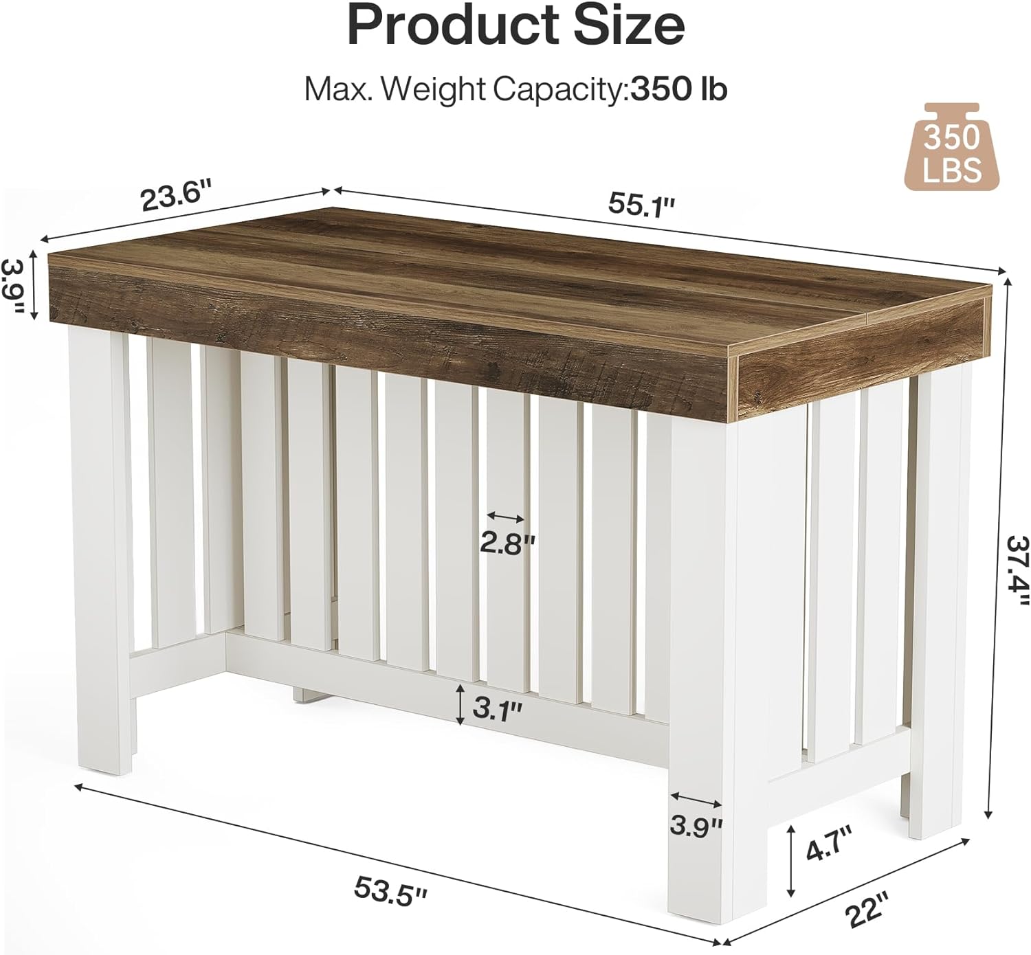 Tribesigns 55" Kitchen Island, Farmhouse Large Stationary Wood Table with Sturdy Base, Freestanding with Large Worktop & Leg Room for Kitchen, Dining Room (White and Brown)