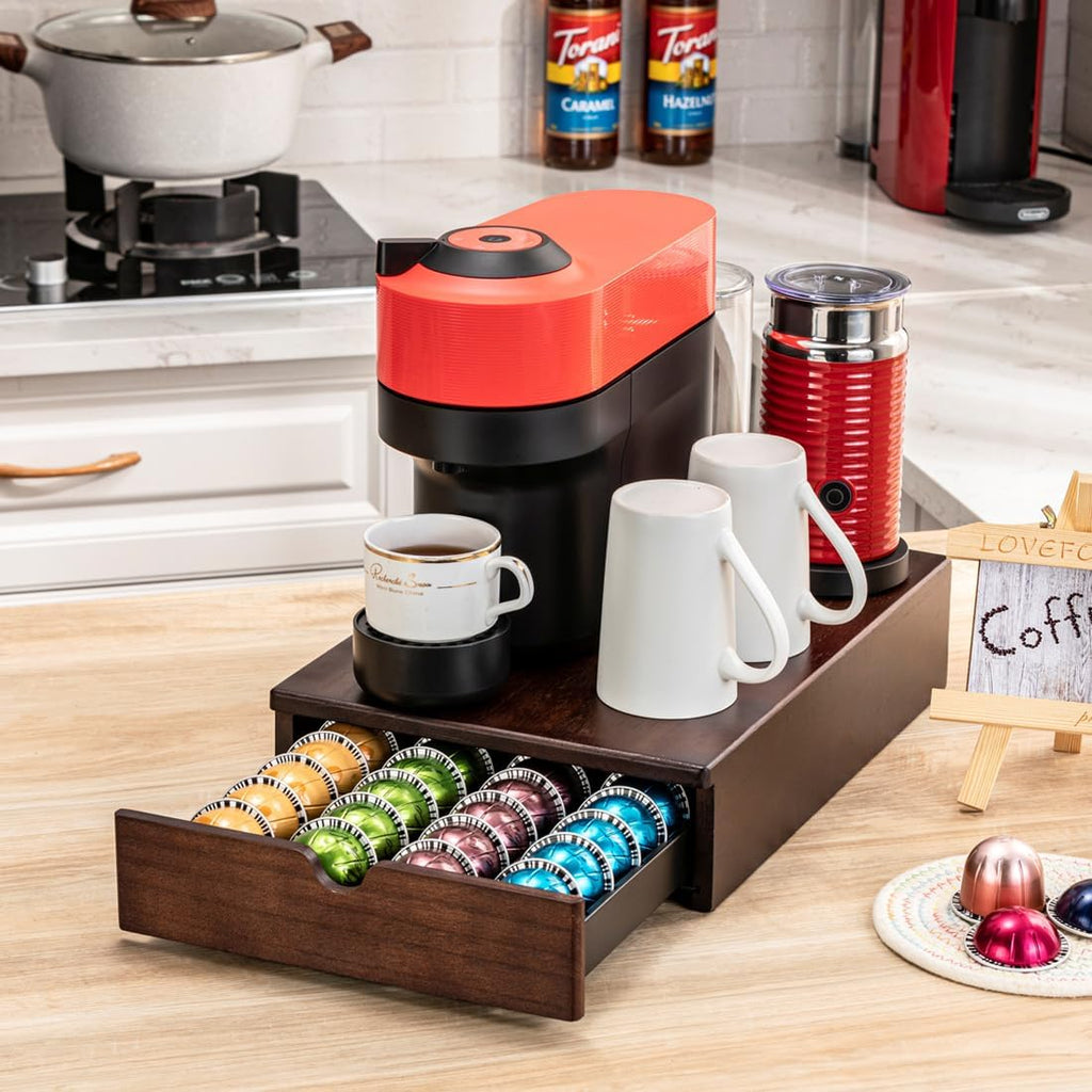 Flagship Vertuo Pod holder for Nespresso Pod Drawer Coffee Pod Organizer Modern Style & Coffee Machine Stand Wood Frame(40 Pods Capacity)