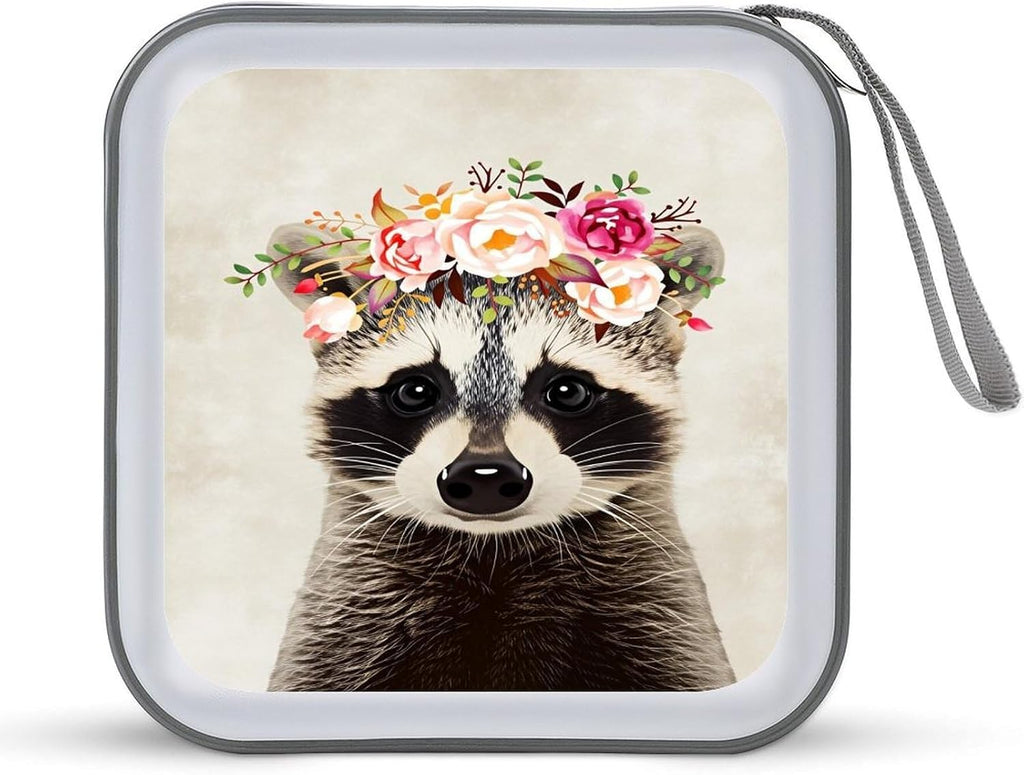 Funny Raccoon CD Case for 40 Discs, 6.1" Portable CD/DVD Storage Holder with Zipper, Protective Sleeves for Home & Travel