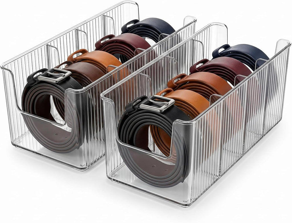 Acrylic Belt Organizer, 2 Pack Clear Belt Storage Box with 4 Adjustable Compartments, Stackable Durable Acrylic Belt Holder, Anti-Scratch Belt Display Case for Closet and Drawer Organization