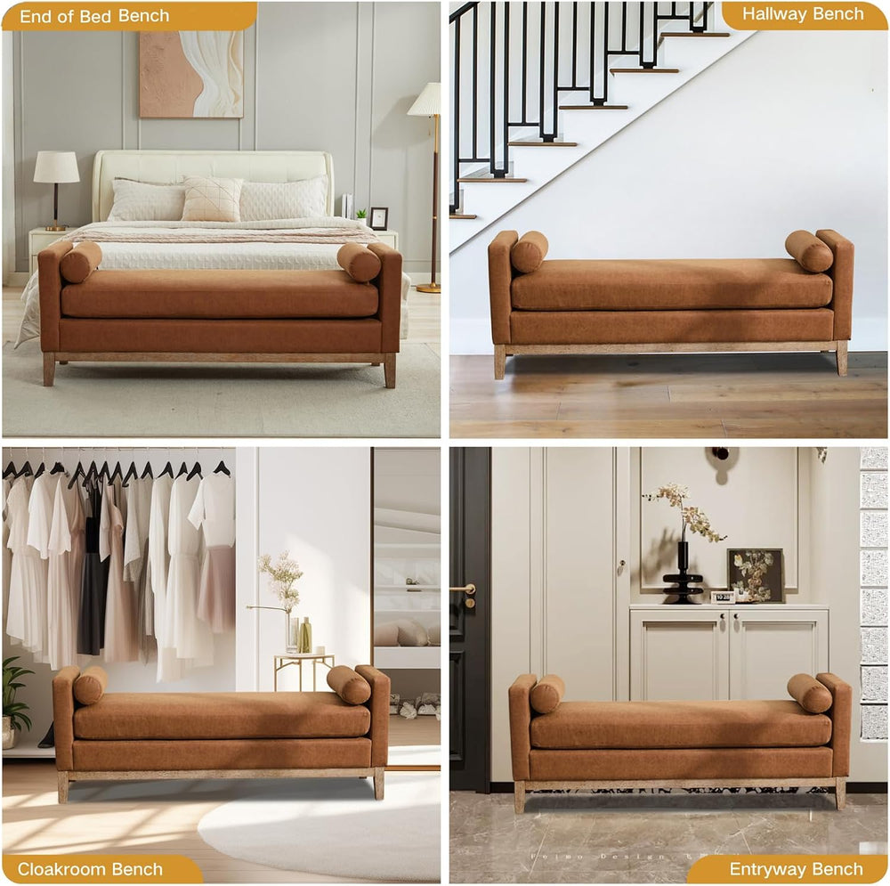 End of Bed Bench for Bedroom, 66.34'' Long King Size Vegan Leather Be...