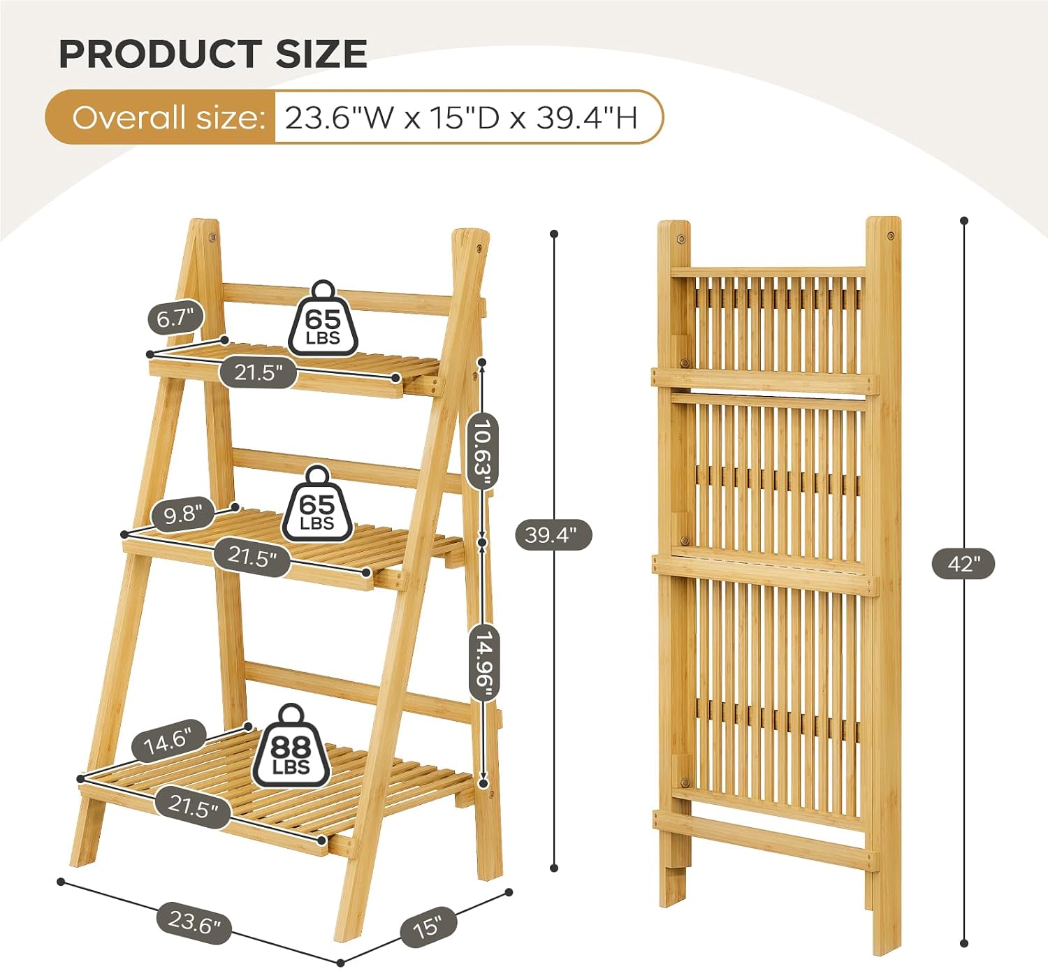 Foldable Ladder Shelf 39.4", Plant Shelf 3 Tier, Bamboo Ladder Flower Pot Display Shelf, Freestanding Ladder Bookshelf for Living Room, Balcony, Yard, Garden, 23.6"W x 15"D x 39.4"H, Natural