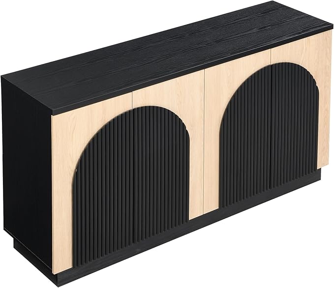 Yechen Fluted TV Stand with Arched Reeded Design Doors, Modern Entertainment Center with Storage for Up to 65 Inch, TV Media Console, TV Cabinet for Living Room, Bedroom/Black/Natural(1 PCS)