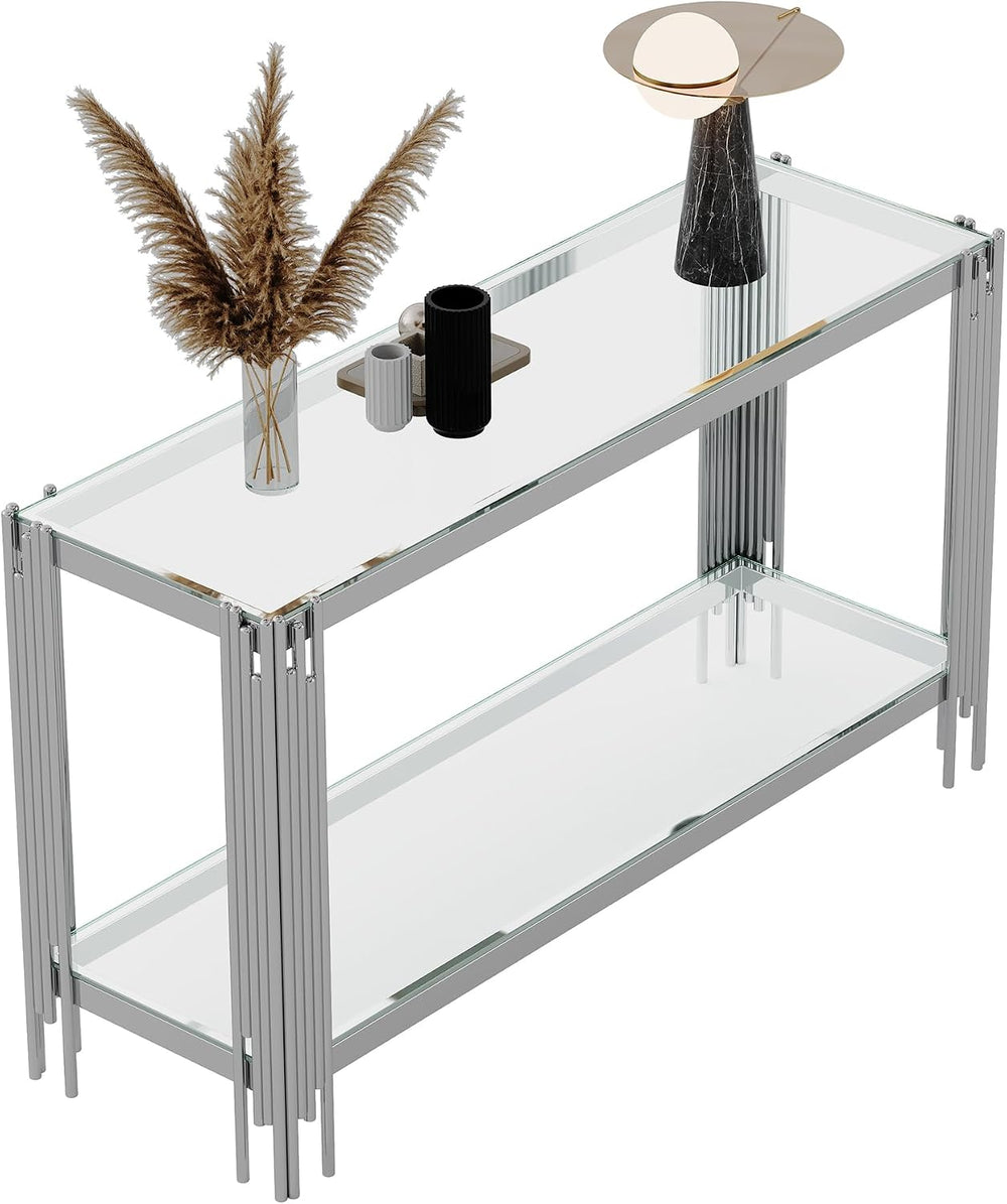 Modern Glass Entryway Table, 55" Long Console Table w/ 2 Tier Storage Sh...