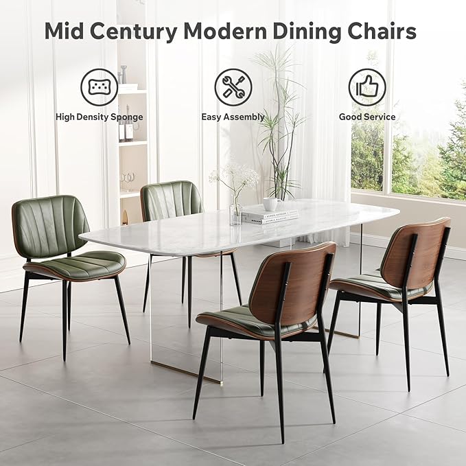 Dining Chairs Set of 8, Mid Century Modern Dining Room Chair, Upholstered Faux Leather Kitchen Chairs with Walnut Bentwood Back and Metal Legs for Kitchen Dining Room Living Room, Green