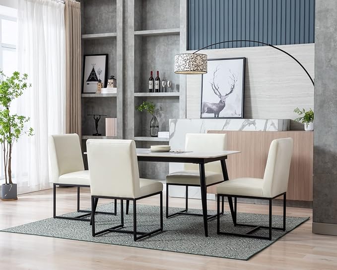CIMOTA Cream Leather Dining Chairs Set of 4, Modern Dining Room Chairs Upholstered Armless Guest Side Chair with Black Base for Dining Room/Kitchen, Cream White 4PCS