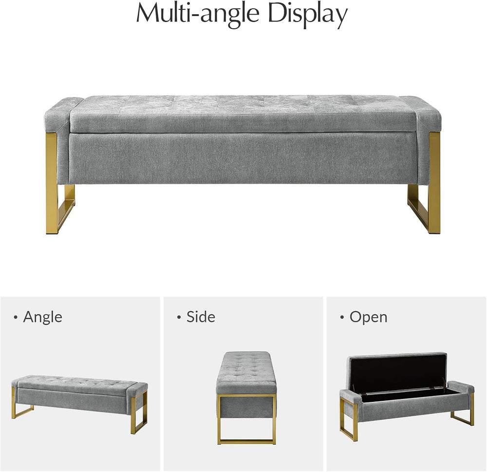 Modern Storage Ottoman Bench with Gold Metal Legs Upholstered Footrest End-of...
