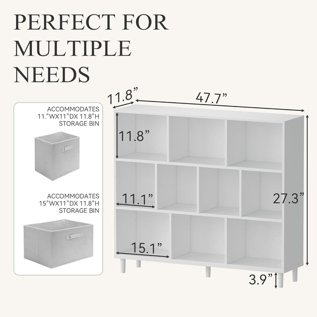 Wood Cube Storage Organizer White Bookshelf - 3-Tier Freestanding Storage Cabinet with Legs for Home Office, 10-Cubes Open Shelf