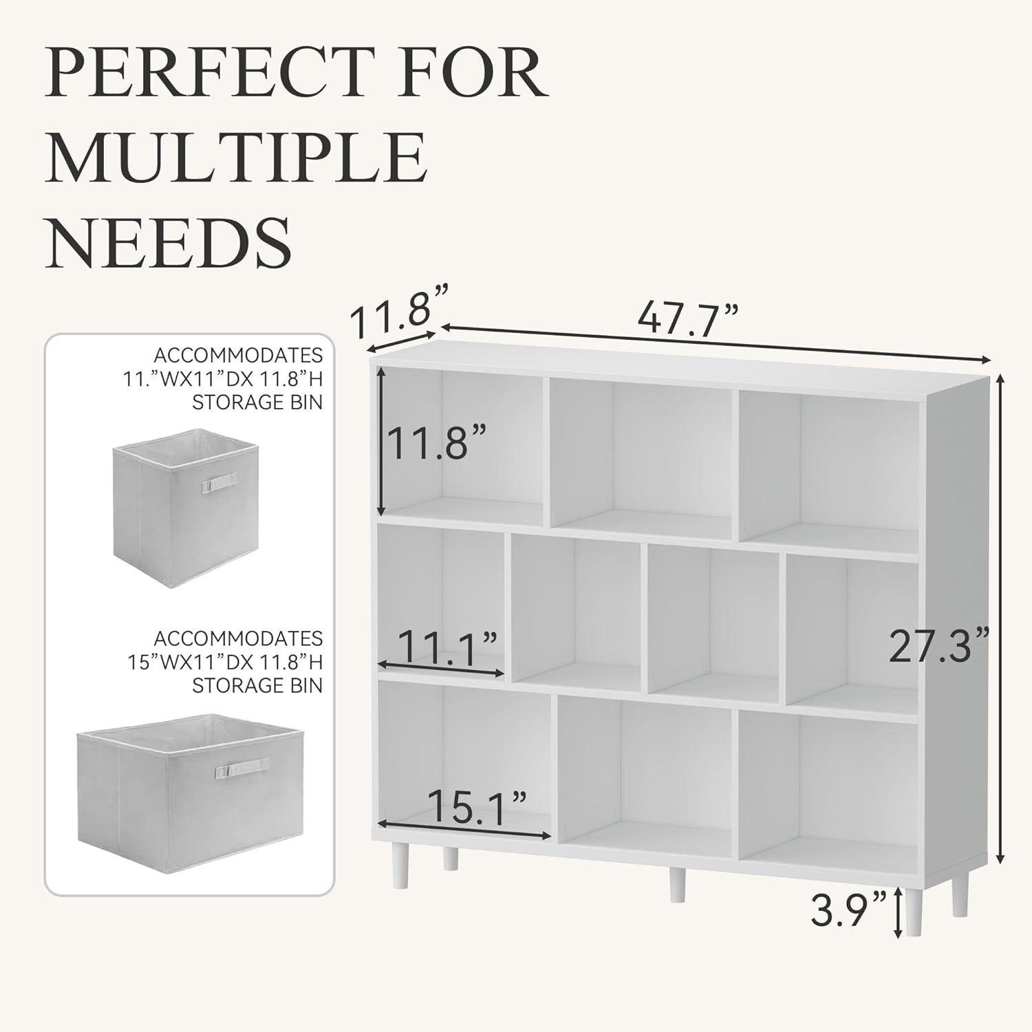 Wood Cube Storage Organizer White Bookshelf - 3-Tier Freestanding Storage Cabinet with Legs for Home Office, 10-Cubes Open Shelf