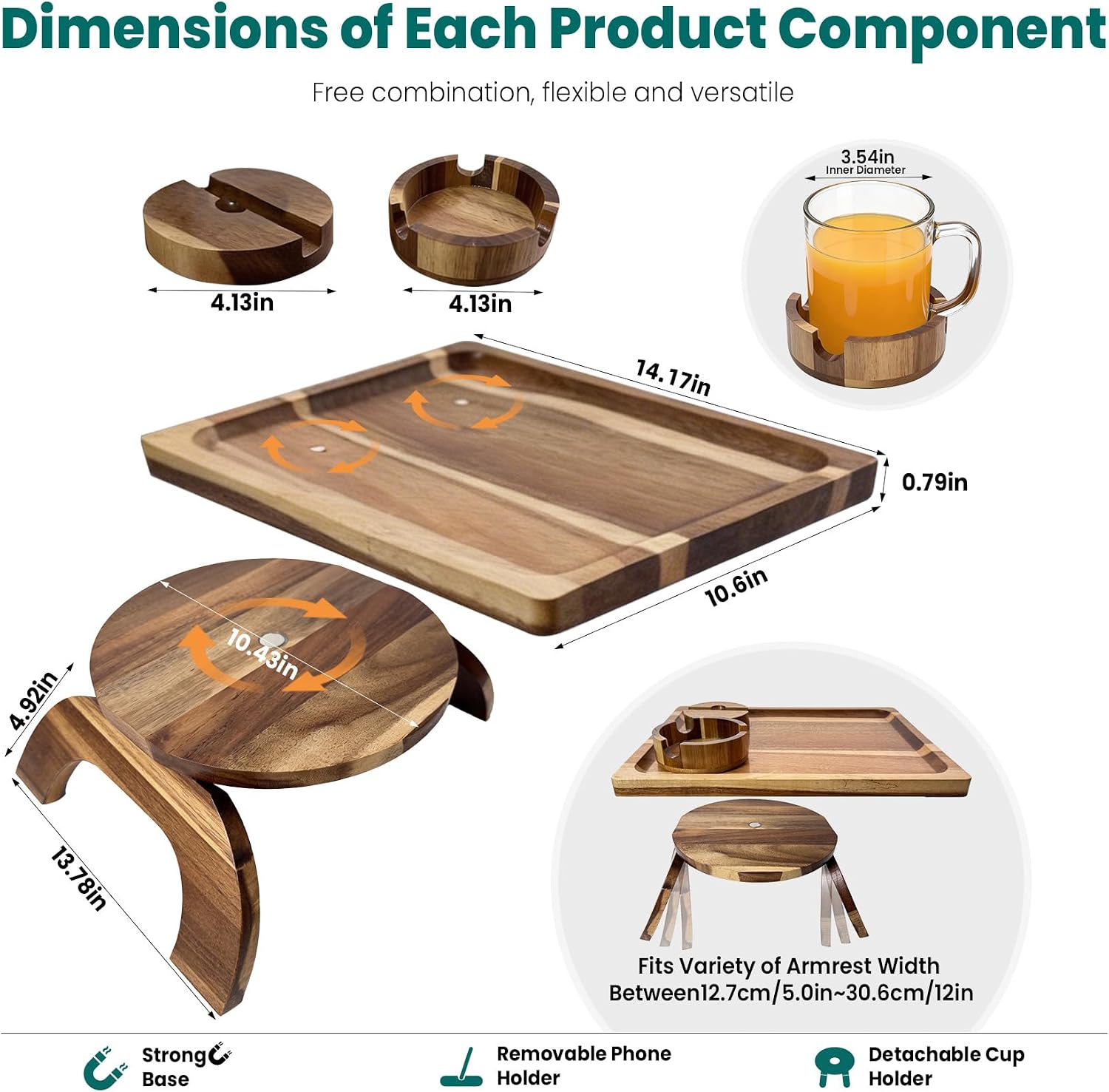 360° Detachable Rotating Acacia Wood Sofa Arm Tray Table, Serving Tray Clip On Couch Armrest Table with Cup Holder & Phone Stand, TV Dinner Tray for Eating on Sofa, TV Trays Fits for Small Spaces
