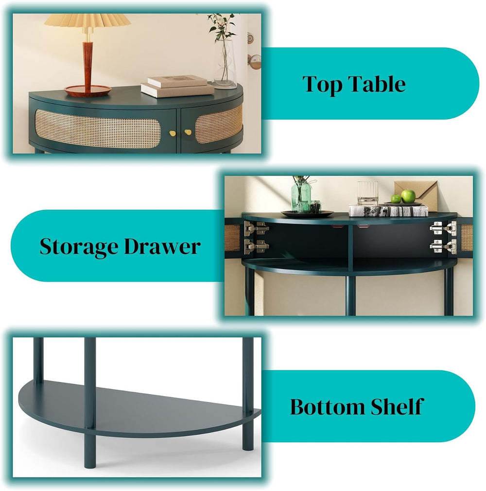 Unique Half Moon Console Table with Rattan Doors, 31.5" Rattan End Table...