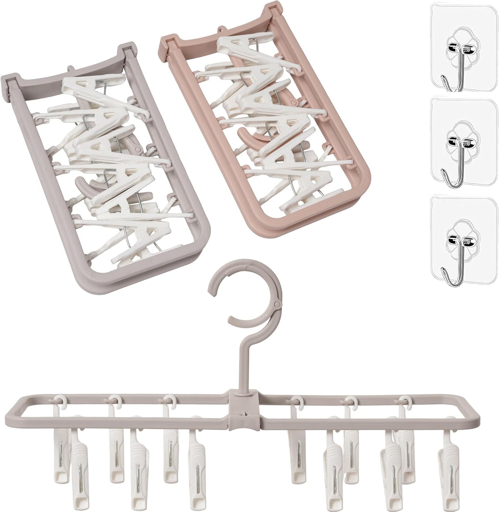 Foshine Clothes Drying Racks 2 Pack Small Folding Portable Underwear Hangers with 12 Clips 360° Rotatable Hook for Socks Drying Towels Bras Baby Clothes Gloves Plast 3 pcs Traceless Hook.