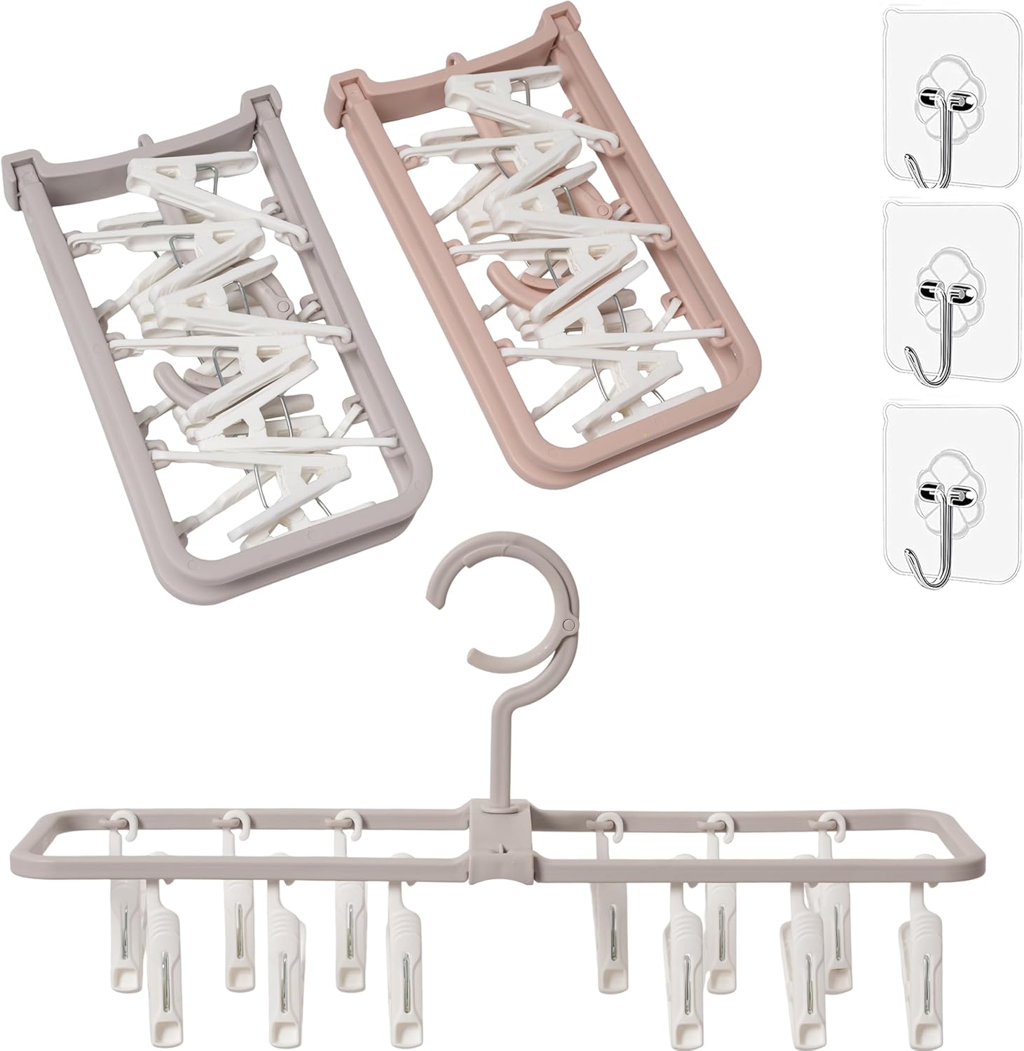 Foshine Clothes Drying Racks 2 Pack Small Folding Portable Underwear Hangers with 12 Clips 360° Rotatable Hook for Socks Drying Towels Bras Baby Clothes Gloves Plast 3 pcs Traceless Hook.