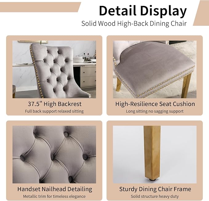 Luxury Upholstered Dining Chairs Set of 6, Grey Kitchen Chair with Golden Metal Legs, Velvet Tufted Back Dining Chair, Sillas de Comedor, Modern Kitchen & Dining Room Chairs (Gray, 6 Pcs)