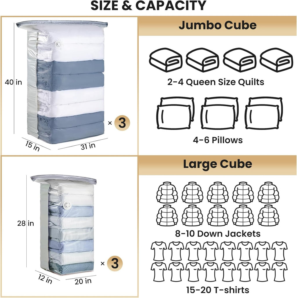 TAILI 6 Pack Vacuum Storage Bags, Cube Space Saver Bags Combo (3 Jumbo +3 Medium), Vacuum Seal Bags for Bedding, Clothing, Comforters, Blankets, Closet Oragnizer and Storage