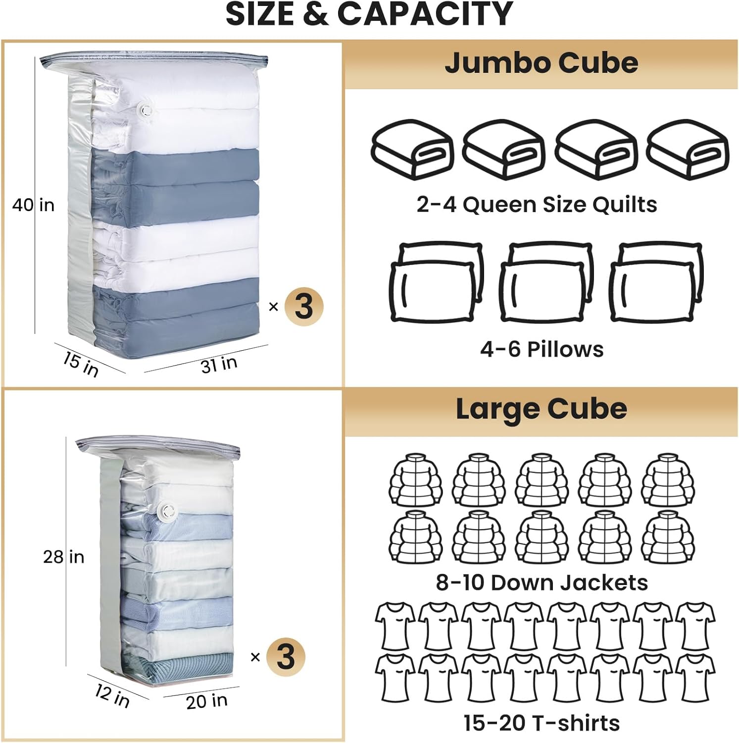 TAILI 6 Pack Vacuum Storage Bags, Cube Space Saver Bags Combo (3 Jumbo +3 Medium), Vacuum Seal Bags for Bedding, Clothing, Comforters, Blankets, Closet Oragnizer and Storage