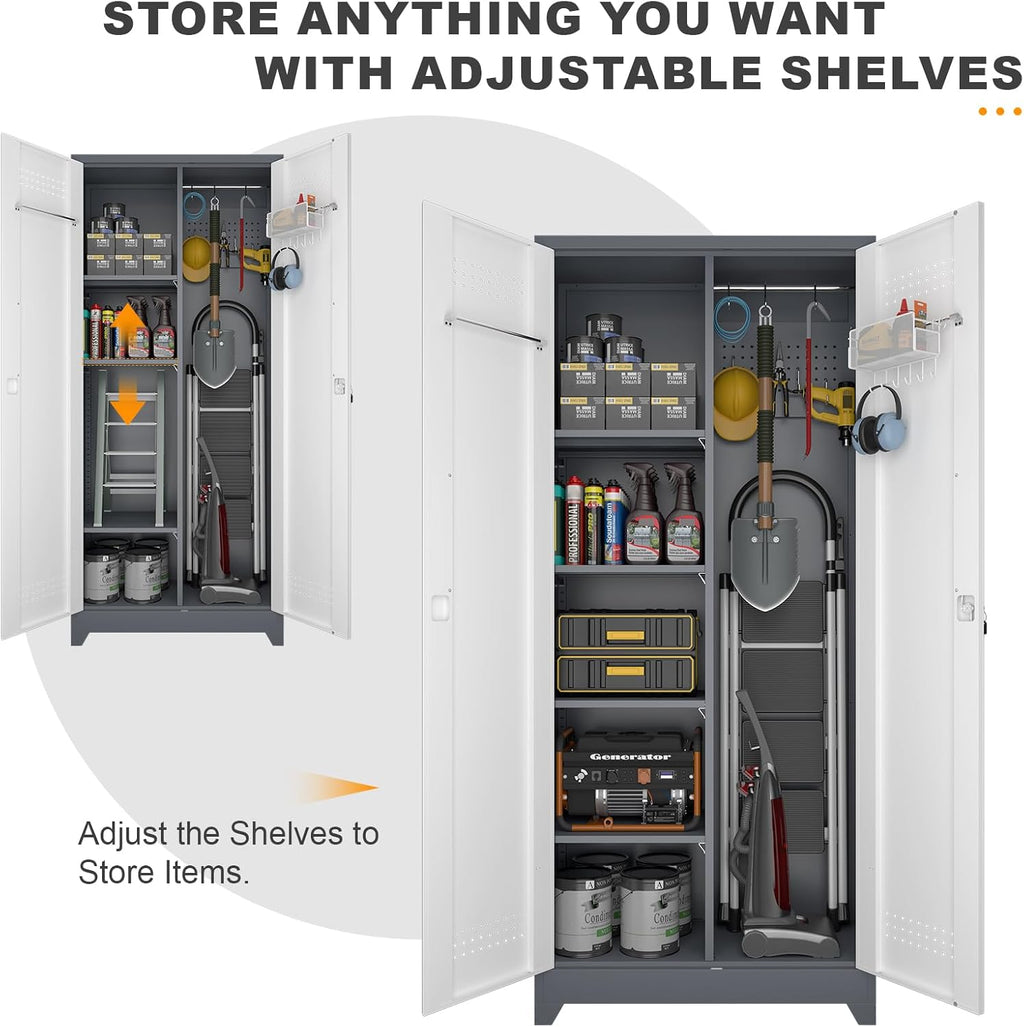 Broom Storage Cabinet, Metal Cabinet with Shelves and Hanging Rod, 72.8" Utility Cabinets with Locking Door, Tall Cleaning Storage for Kitchen, Pantry, Office, Shop, Garage