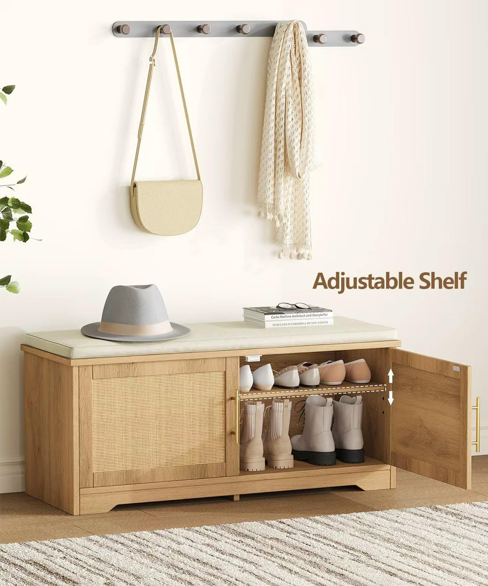 Rattan Shoe Storage Bench with Cushion, 39.4" Wide Entryway Bench with A...