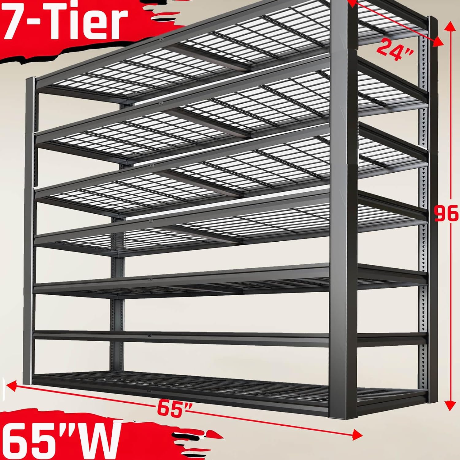 7-Tier Heavy Duty Garage Shelving Units, 65" Wide Deep Storage Shelves,Black Metal Garage Shelves,Steel Shelf,Large Storage Rack,Industrial Shelving for Shop, 65" W x 24" D x 96" H
