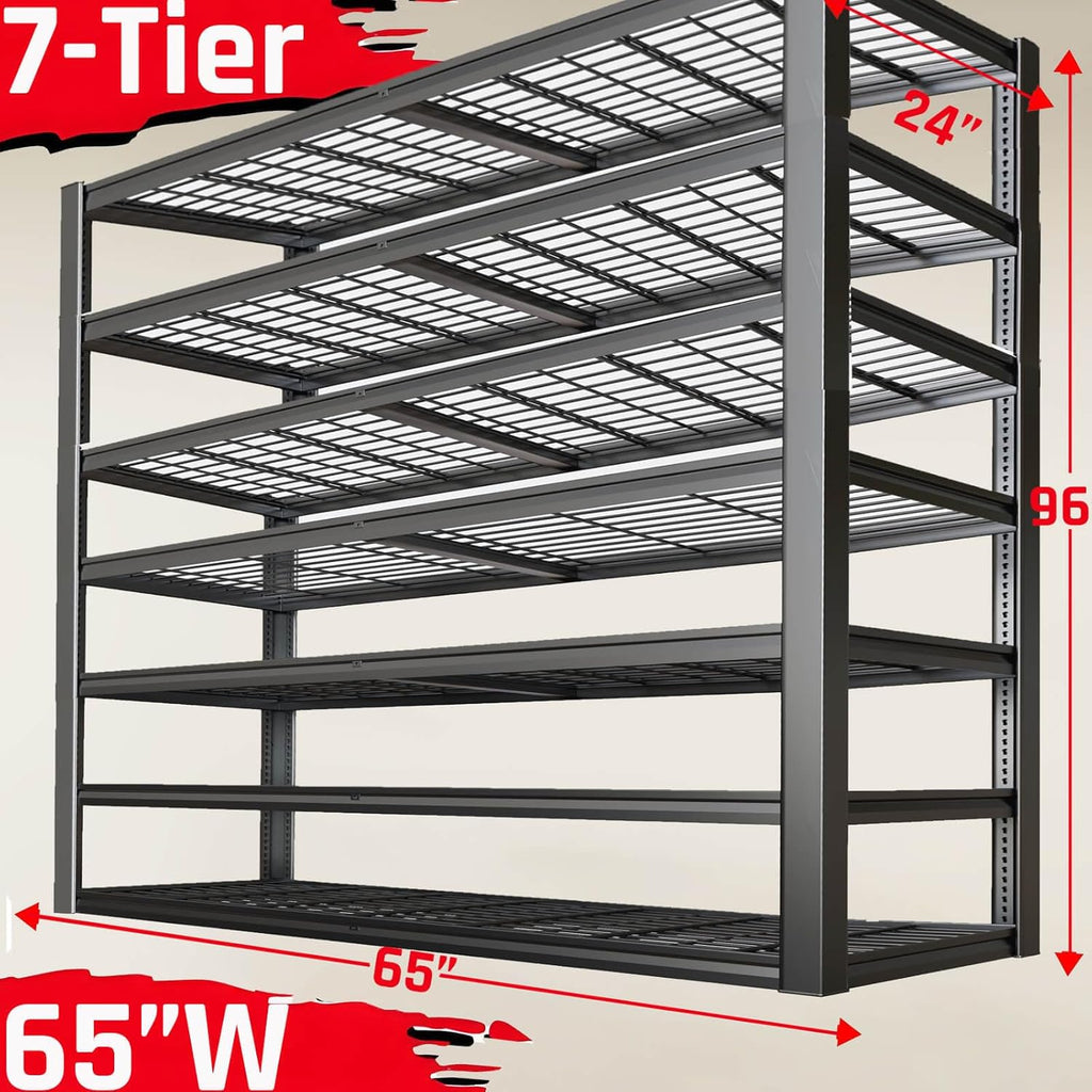 7-Tier Heavy Duty Garage Shelving Units, 65" Wide Deep Storage Shelves,Black Metal Garage Shelves,Steel Shelf,Large Storage Rack,Industrial Shelving for Shop, 65" W x 24" D x 96" H, 2 Pack