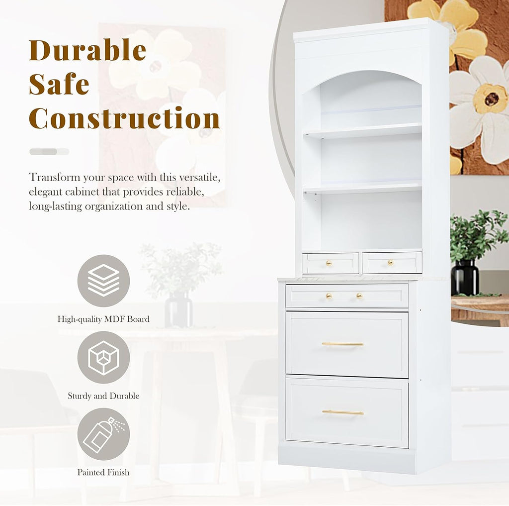 83.7inch High Modern Utility Kitchen Pantry, Freestanding Tall Kitchen Hutch with Storage, Larder Cupboard Cabinet with 5 Storage Drawers and Adjustable Shelf for Dining Room, Living Room