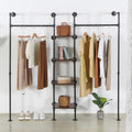 Wall Mounted Industrial Pipe Heavy Duty Clothes Rack, Clothing Rods for Hanging Clothes, Freestanding Clothing Rack with 2 Hang Rods & 4 Shelves, 72.8" W x 17.7" D x 71" H