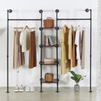 Wall Mounted Industrial Pipe Heavy Duty Clothes Rack, Clothing Rods for Hanging Clothes, Freestanding Clothing Rack with 2 Hang Rods & 4 Shelves, 72.8" W x 17.7" D x 71" H