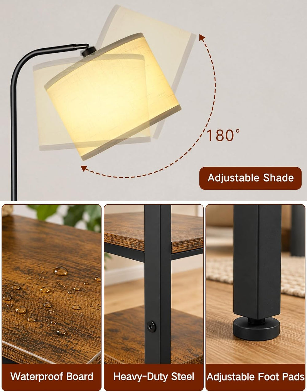 Floor Lamp with Side Table & Charging Station, End Table with 3 Color Tem...