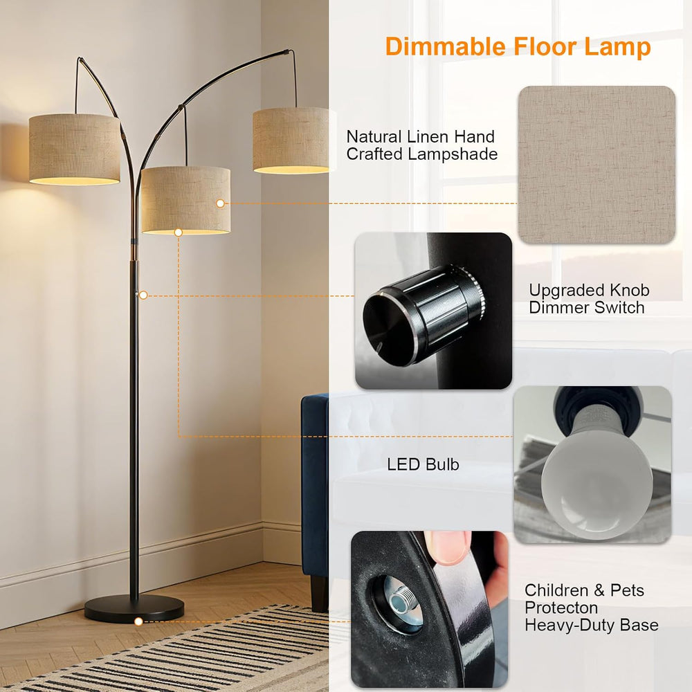 80 Inch Arc Living Room Floor Lamps with Remote Control,3-Light Lamp Shades