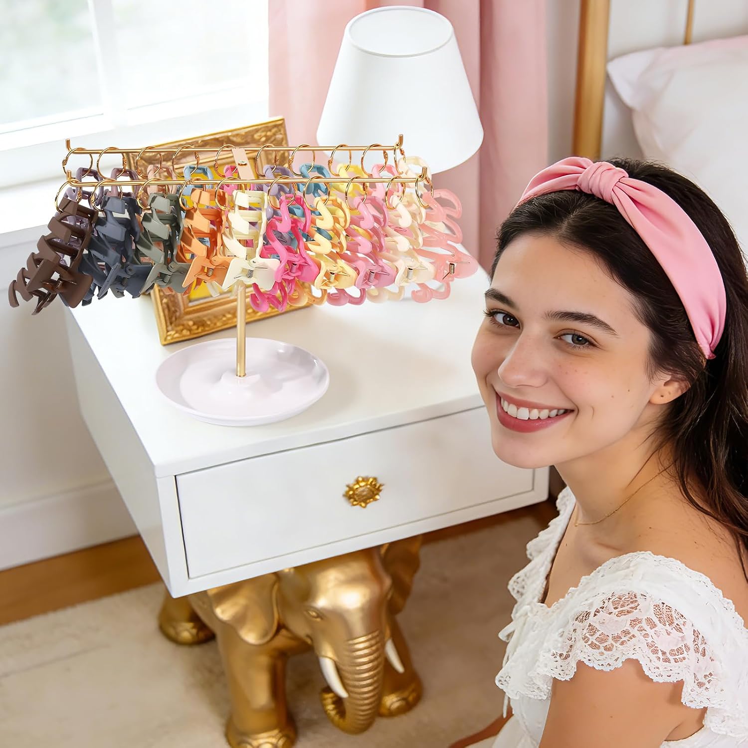 Metal Headband Holder Organizer, 2-Tier Headband Storage with Tray, Hairband Display Stand with Golden Rings, Hair Accessories Claw Clip Organizer for Women and Girls (Gold)