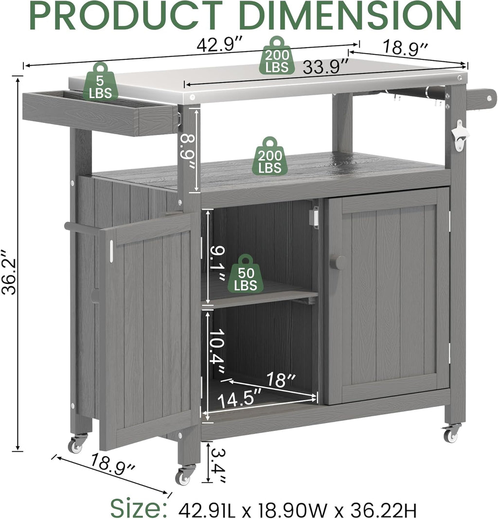Weatherproof HIPS Outdoor Kitchen Island with Stainless Steel Top & Storage Cabinet, Movable Prep Table with Wheels for BBQ Food Prep, Outdoor Grill Cart for Parties, Grey