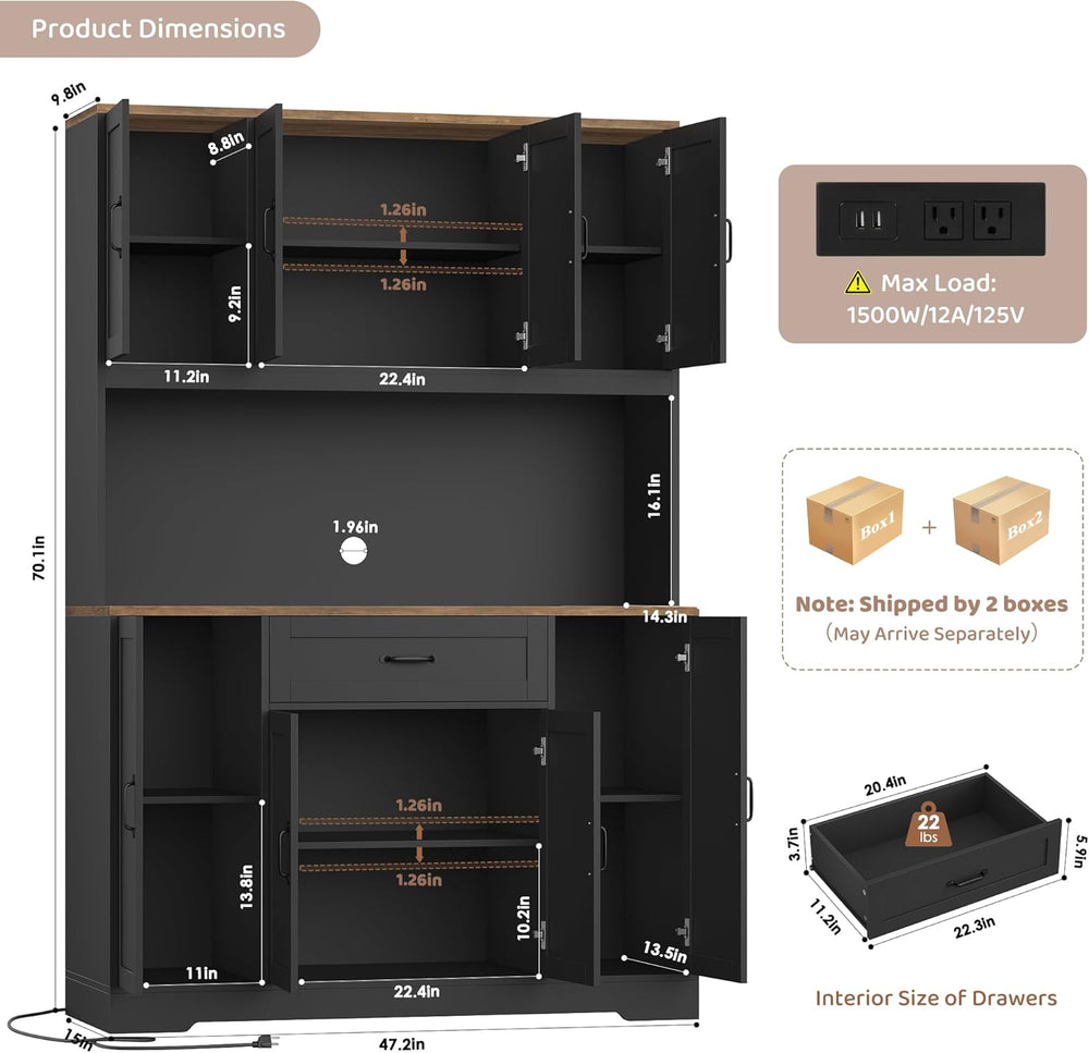 HITHOS 70" LED Kitchen Pantry Cabinet with Charging Station, 47" Wi...