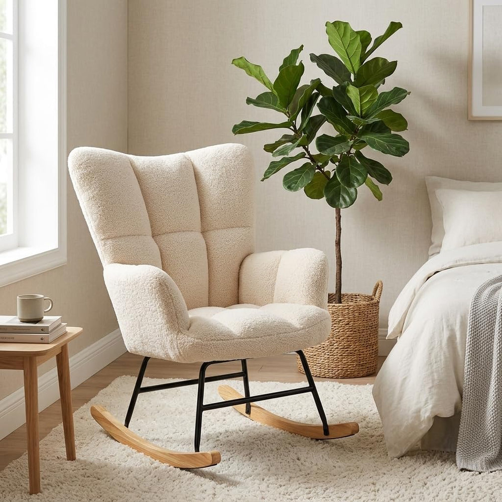 Teddy Upholstered Wingback Rocking Chair, Soft Padded Indoor Reading Glider C...