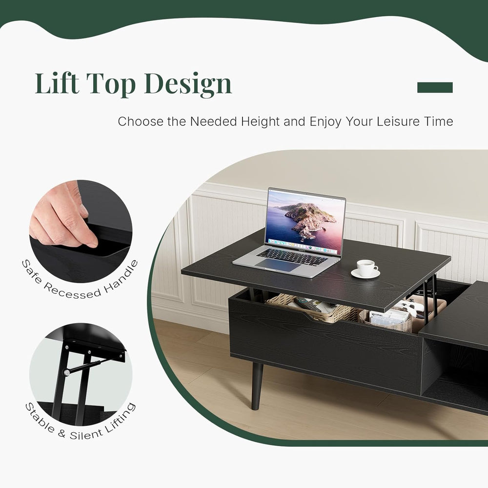 Wood Lift Top Coffee Table with Hidden Storage Compartment & Open Shelf, ...