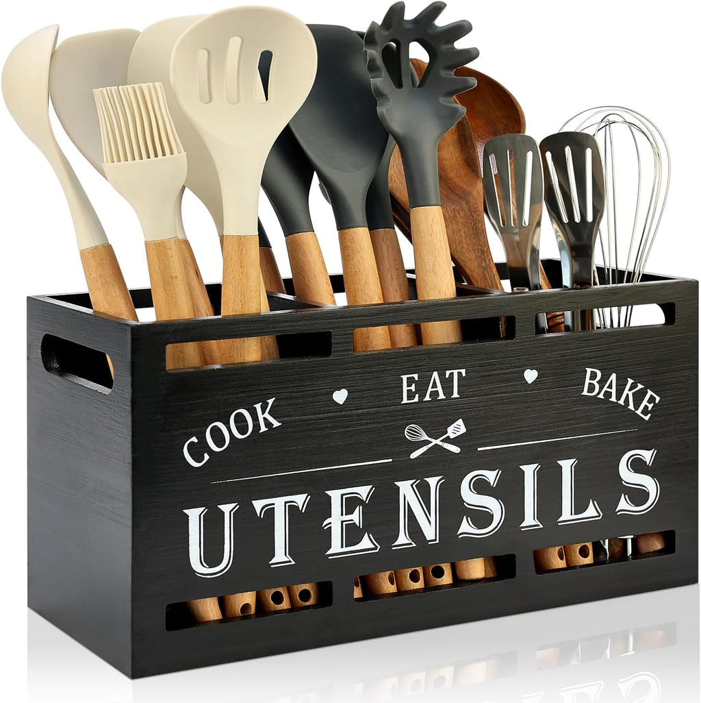 Large Black Wood Utensil Holder for Kitchen Decor Spoon Spatula Organizer | Wooden Cooking Utensils Holder for Kitchen Countertop Silverware Caddy Farmhouse Utensil Crock Big Kitchen Tools Spoon Holder