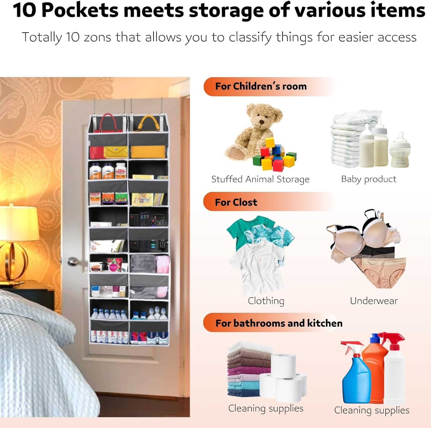 Over the Door Organizer 5 Tiers, Extra Large Behind Door Storage of 10 Compartments, 80 lbs Weight Capacity Over Door Organizer, Door Hanging Organizer for Closet, Diaper Organizer, Room storage