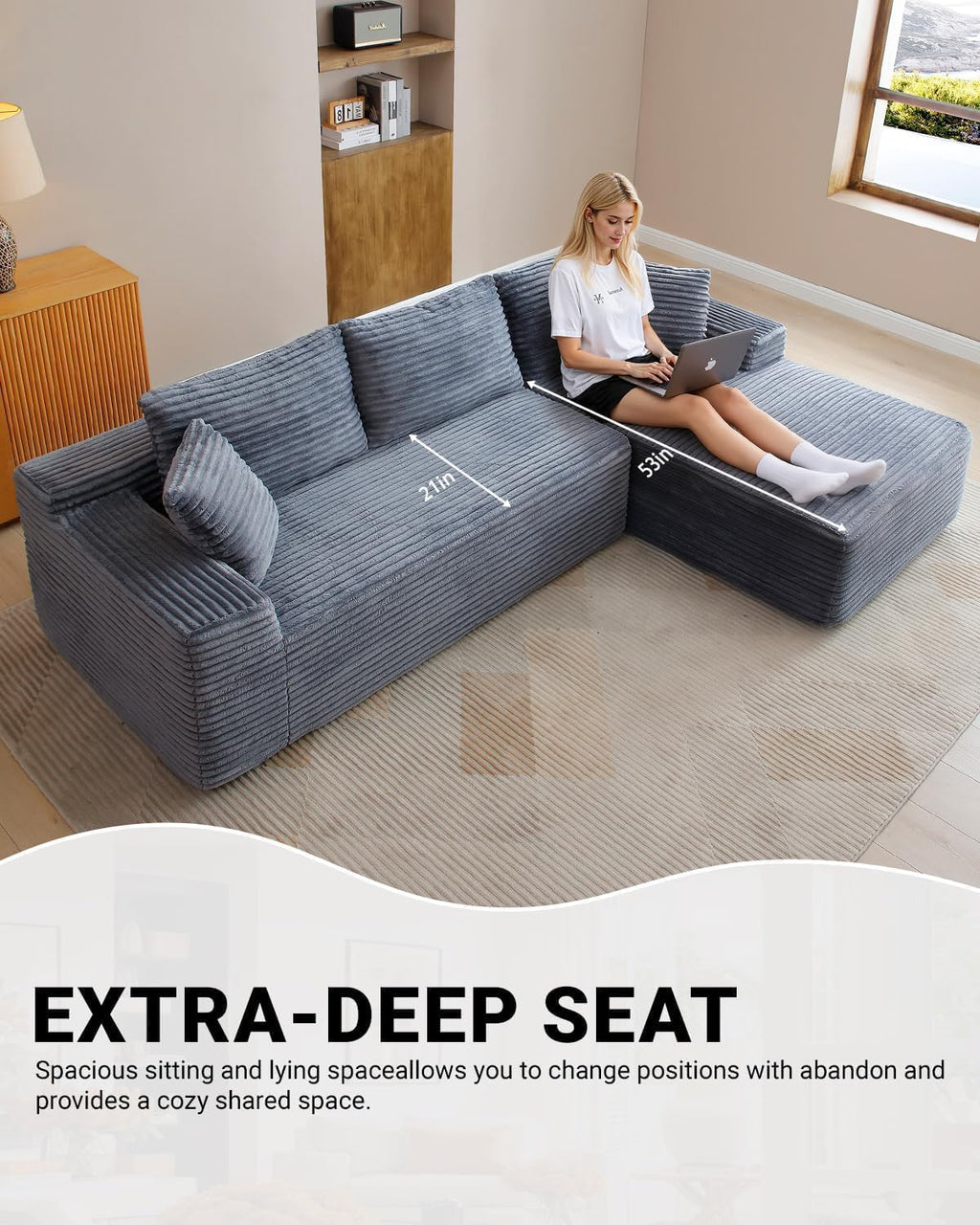Cloud Sectional Couch, 108 Inch Modern Modular Sectional Sofa with Deep Seat, Corduroy Boneless Couches with L-Shape Right Chaise for Living Room Bedroom, No Assembly Required(Grey)