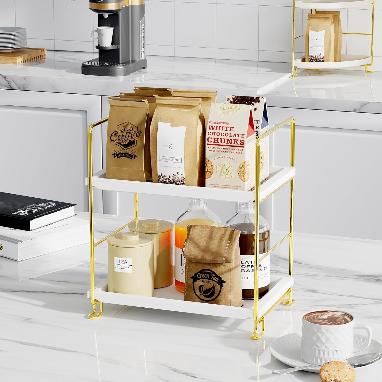 FSyueyun 2-Tier Bathroom Countertop Organizer, Tool-Less Installation Premium Plastics Makeup Shelf Organizer Perfume Skincare for Dresser Vanity Tray Organizers and Storage (Gold)