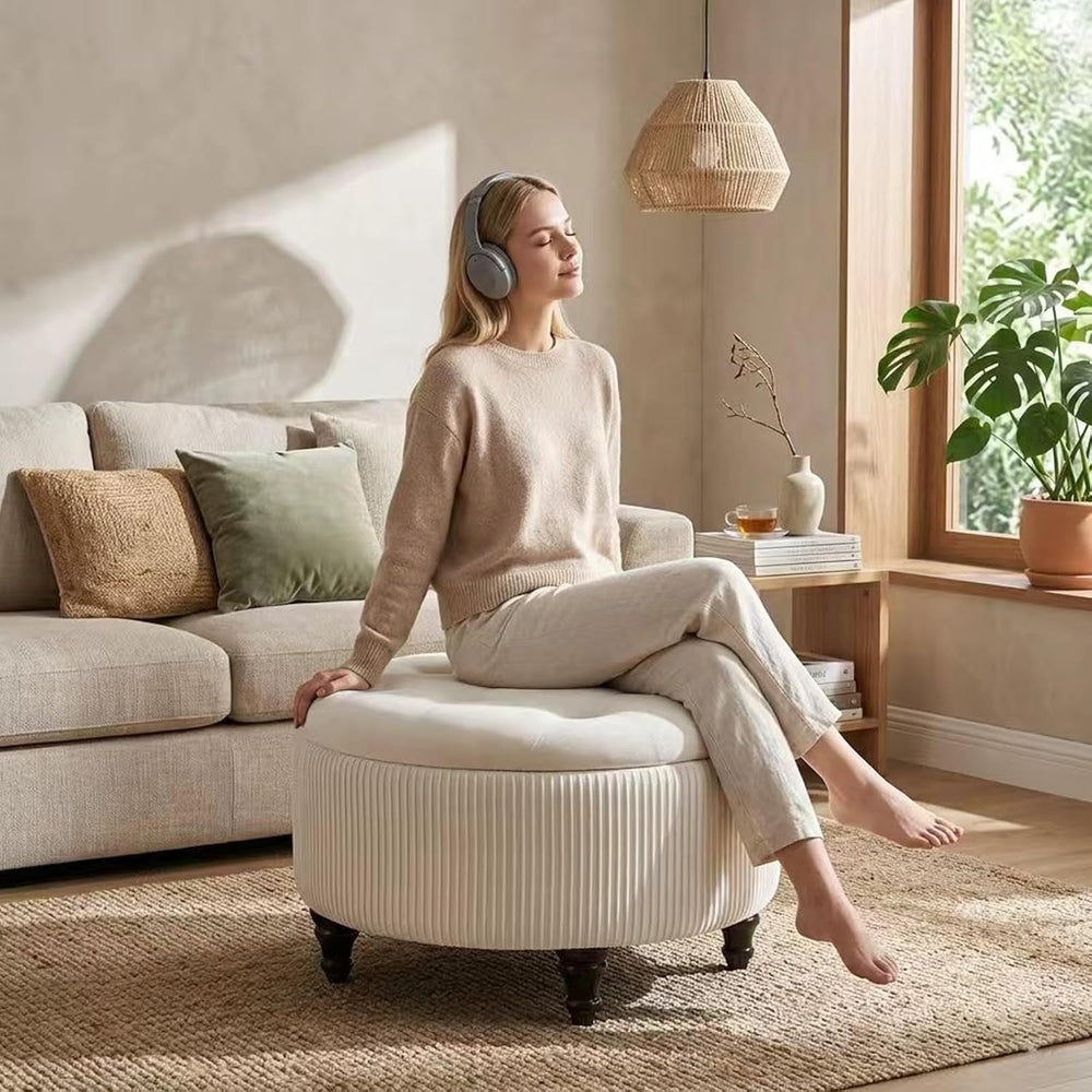 24Inch White Round Storage Ottoman, Upholstered Coffee Table | Modern Tufted ...