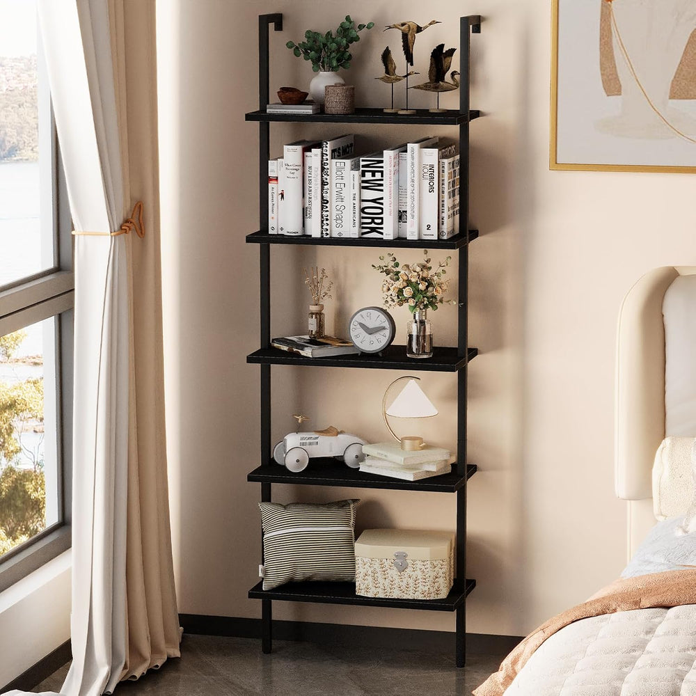 aboxoo Ladder Shelf Open 5-Tier Bookshelf Wall-Mounted Black Wood Bookcase St...