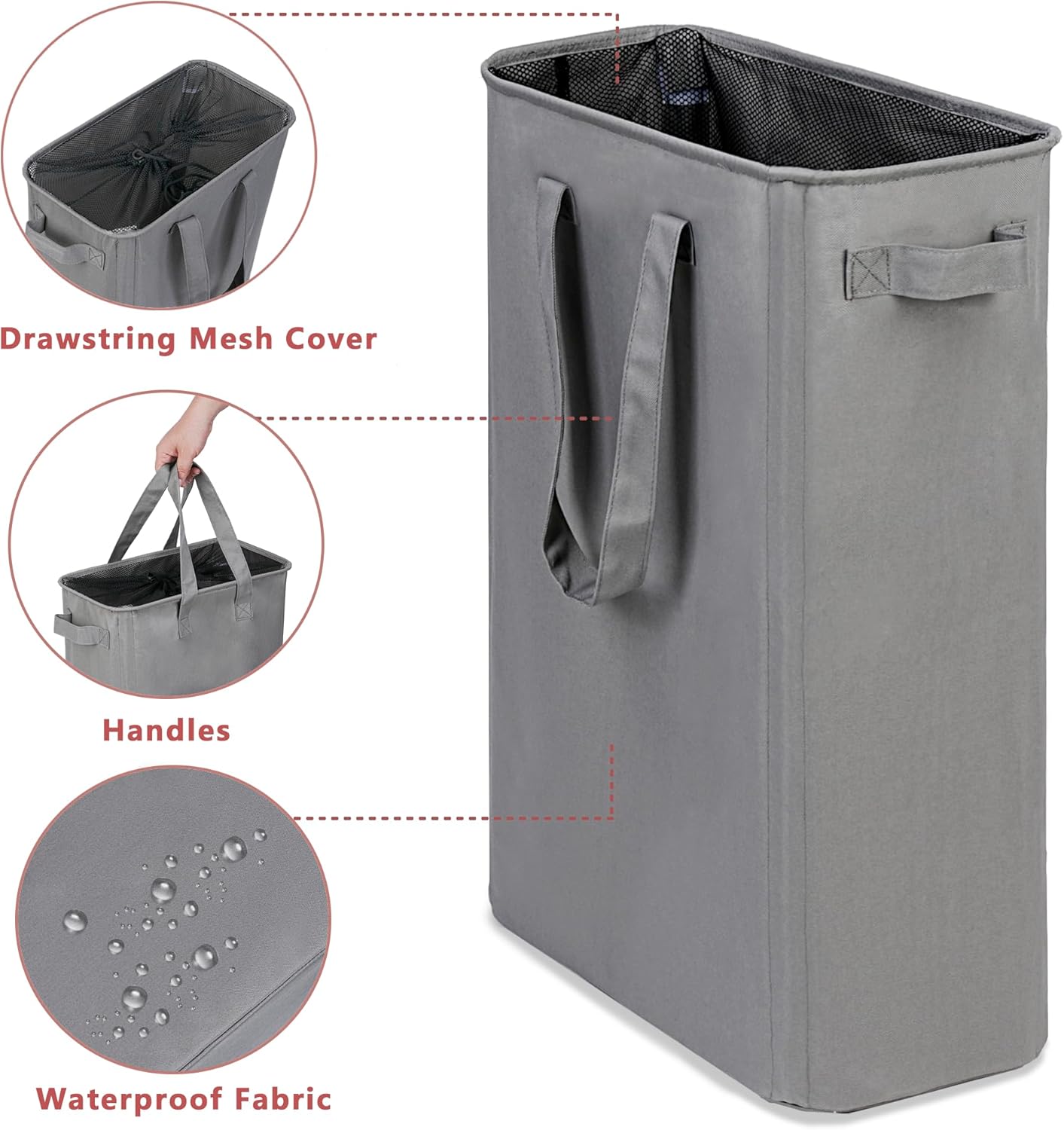 efluky Slim Laundry Basket, Narrow Laundry Hamper with Handles, Collapsible Dirty Clothes Hamper, Tall Laundry Bin for Laundry Room, Dorm and Bedroom, 12.7 Gallons(48L) Grey