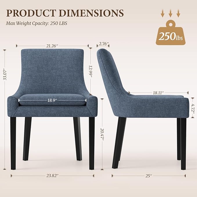 Dining Chairs Set of 2, Upholstered Corduroy Dining Room Chair with Wood Legs, Mid-Back Padded Kitchen Side Chairs for Dining Room, Blue