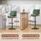 Swivel Bar Stools Set of 1, Adjustable Bentwood Barstools for Kitchen Counter, Modern PU Leather Upholstered Bar Chair with Back and Footrest, for Kitchen Island, Bar, Dining Room, Green